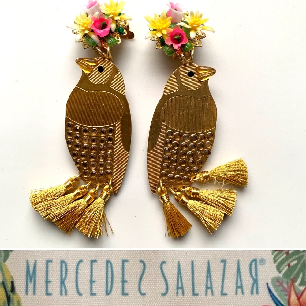 🔥HP🔥Mercedes Salazar gold bird clip-on earrings with tassels and flowers
